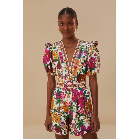 FARM Rio Pants - FARM RIO Romper XL Floral Off-White Flowerful Sketch Belted NEW